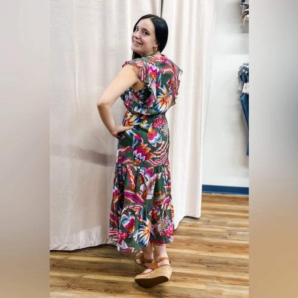 THML Green & Colorful Floral Print Midi Dress Flutter Sleeves Pleated BNT0026 - Picture 4 of 4